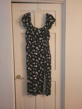 Old Navy Black White Floral Smocked Midi Slit Dress, XL